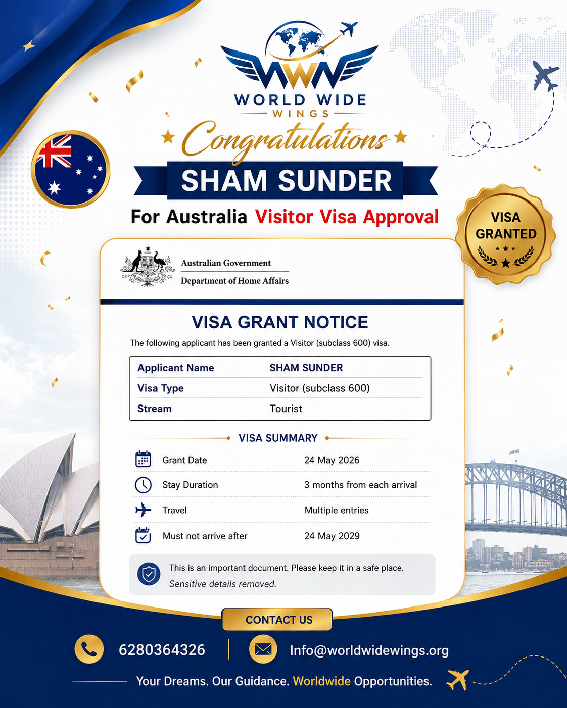 Australia Visitor Visa Approved – Sham Sunder, WorldwideWings Success Story